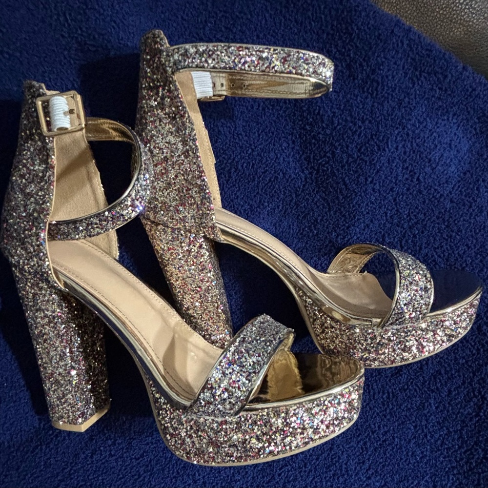 Glamorous Glitter Platform Block Heel Sandals in Gold